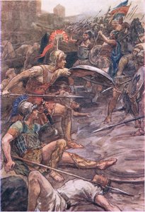 Epaminondas defendiendo a Pelópidas, de Plutarch Lives publicado por T C & E C Jack Ltd, 1920s